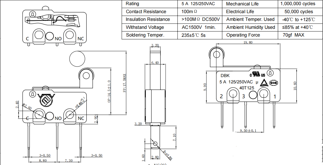 roll Limit Switch with Normally Open Contacts, Medium Size Micro Switch, No Lever, 2-Pin with Metal Roller, Yellow Dot.png